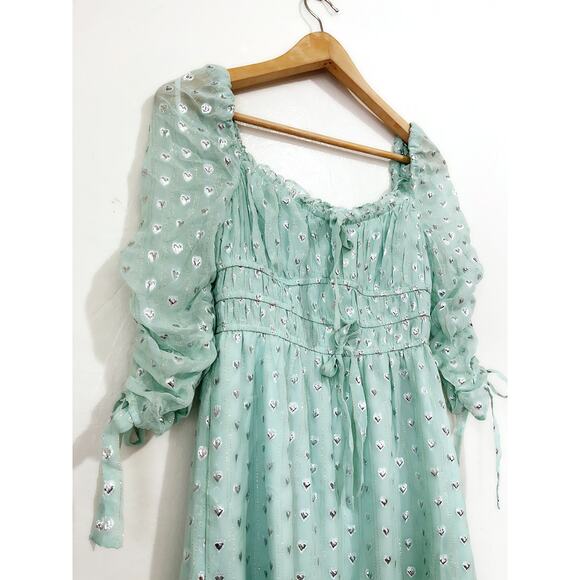 FOR LOVE & LEMONS NWT Eden Silk Metallic Hearts Midi Dress Mint Silver Size S - Picture 5 of 13